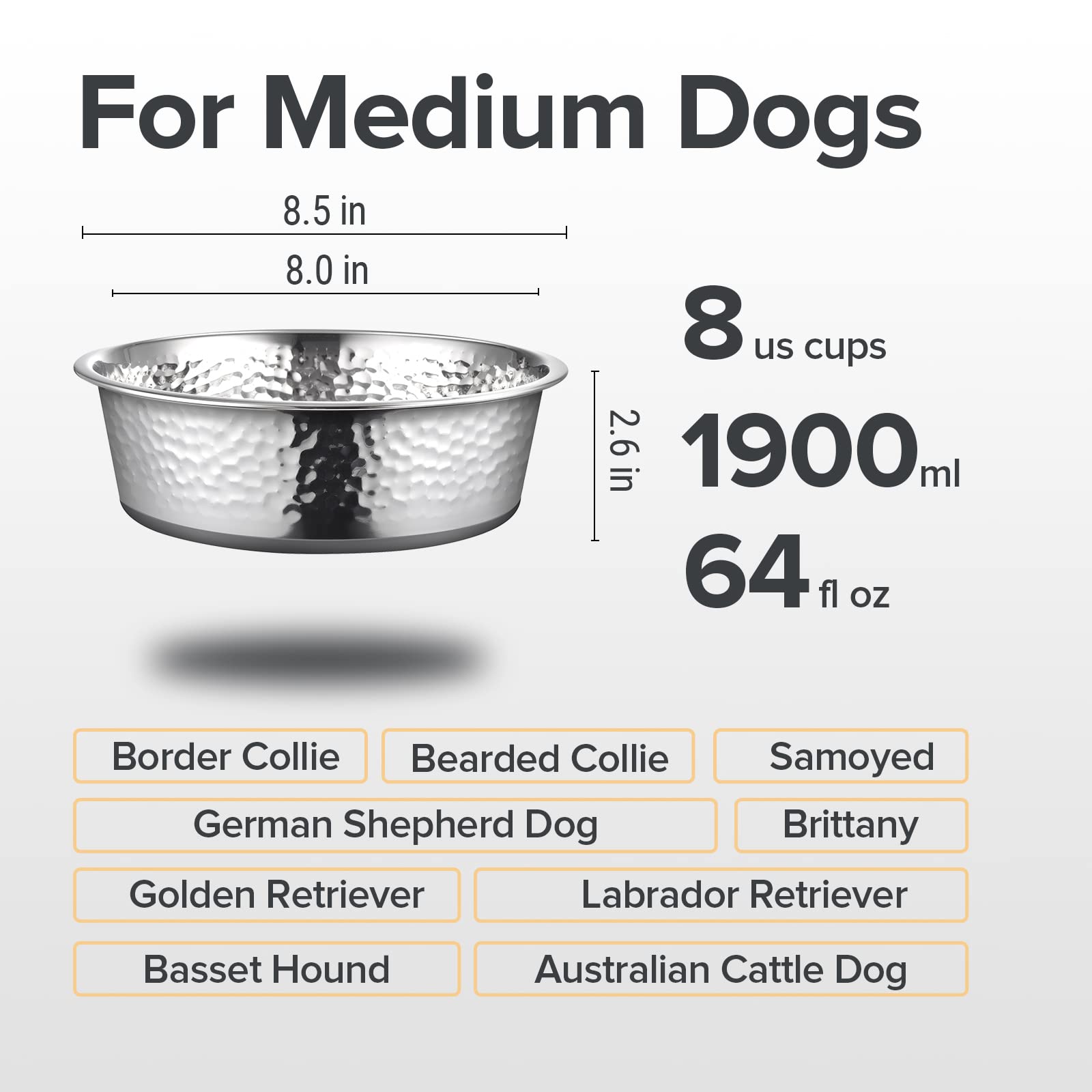 URBUDDIES 2 Pack Hammered Stainless Steel Dog Bowls – 8 Cup Non-Slip with Gray Rubber Bottom, Dishwasher Safe