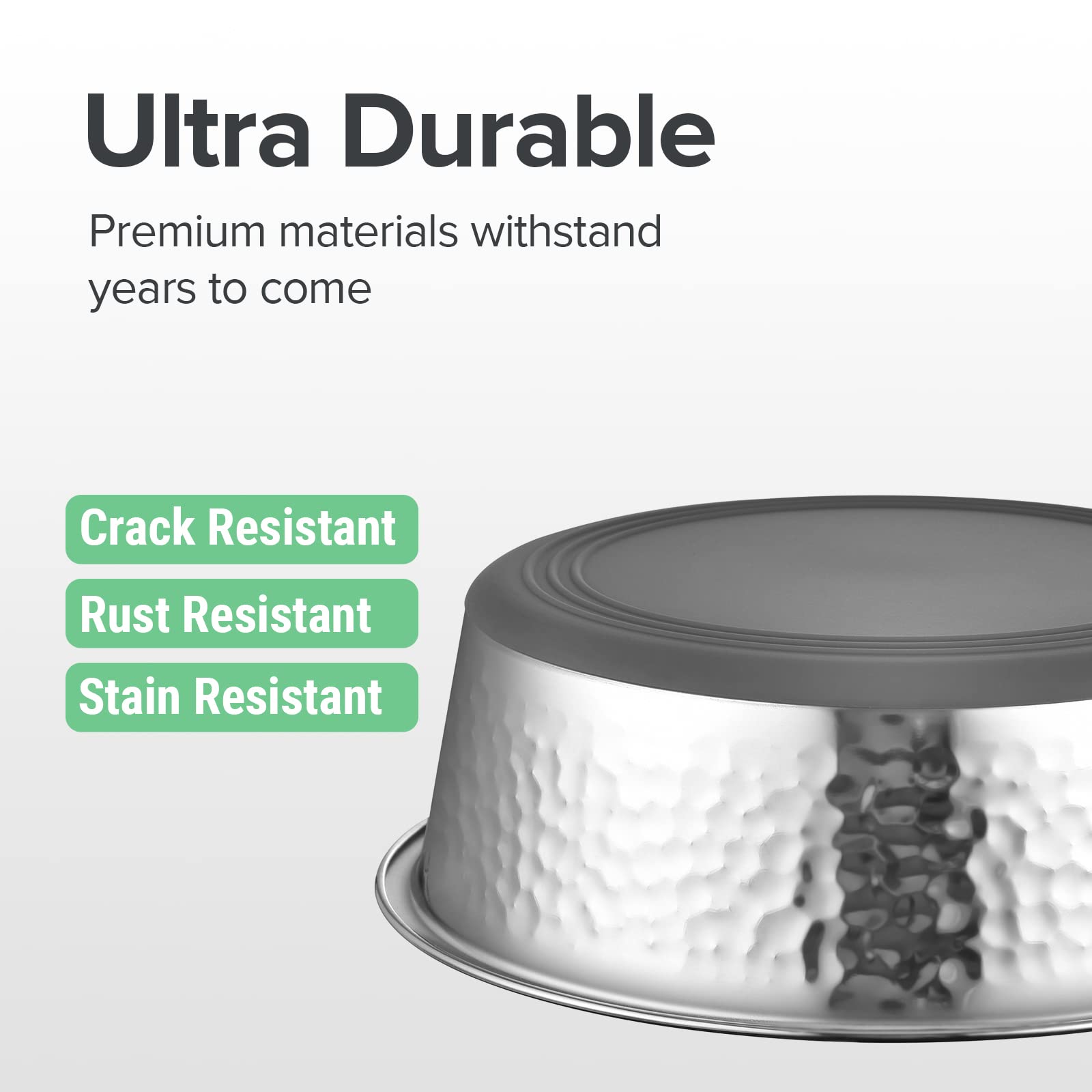 URBUDDIES 2 Pack Hammered Stainless Steel Dog Bowls – 8 Cup Non-Slip with Gray Rubber Bottom, Dishwasher Safe