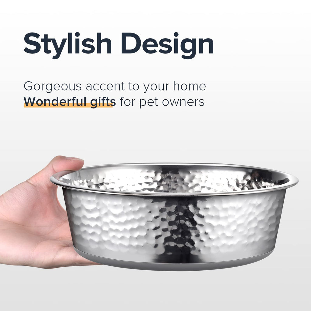 URBUDDIES 2 Pack Hammered Stainless Steel Dog Bowls – 8 Cup Non-Slip with Gray Rubber Bottom, Dishwasher Safe