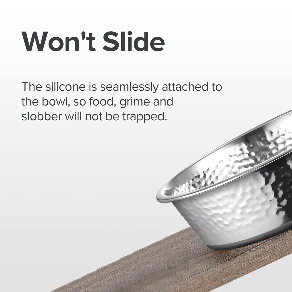 URBUDDIES 2 Pack Hammered Stainless Steel Dog Bowls – 8 Cup Non-Slip with Gray Rubber Bottom, Dishwasher Safe