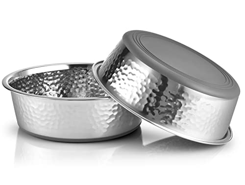 URBUDDIES 2 Pack Hammered Stainless Steel Dog Bowls – 8 Cup Non-Slip with Gray Rubber Bottom, Dishwasher Safe