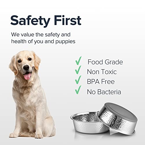 URBUDDIES 2 Pack Hammered Stainless Steel Dog Bowls – 8 Cup Non-Slip with Gray Rubber Bottom, Dishwasher Safe