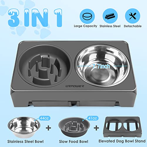 URPOWER Adjustable Raised Dog Bowls – 4 Heights with Stainless Steel Slow Feeder & Non-Slip Stand for Small to Large Dogs