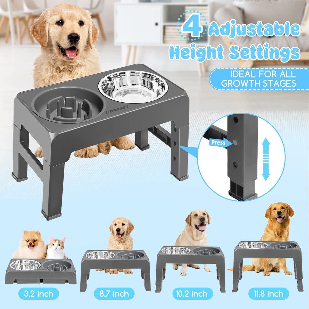 URPOWER Adjustable Raised Dog Bowls – 4 Heights with Stainless Steel Slow Feeder & Non-Slip Stand for Small to Large Dogs