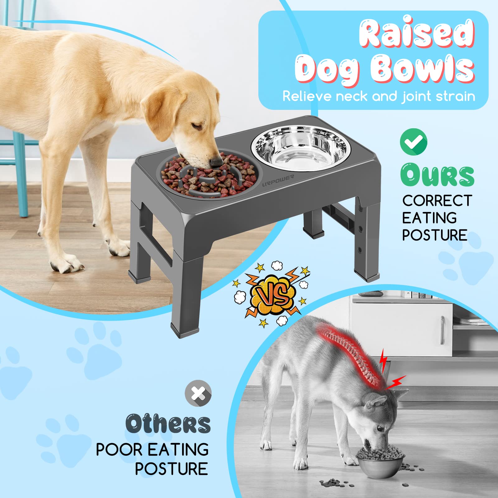URPOWER Adjustable Raised Dog Bowls – 4 Heights with Stainless Steel Slow Feeder & Non-Slip Stand for Small to Large Dogs
