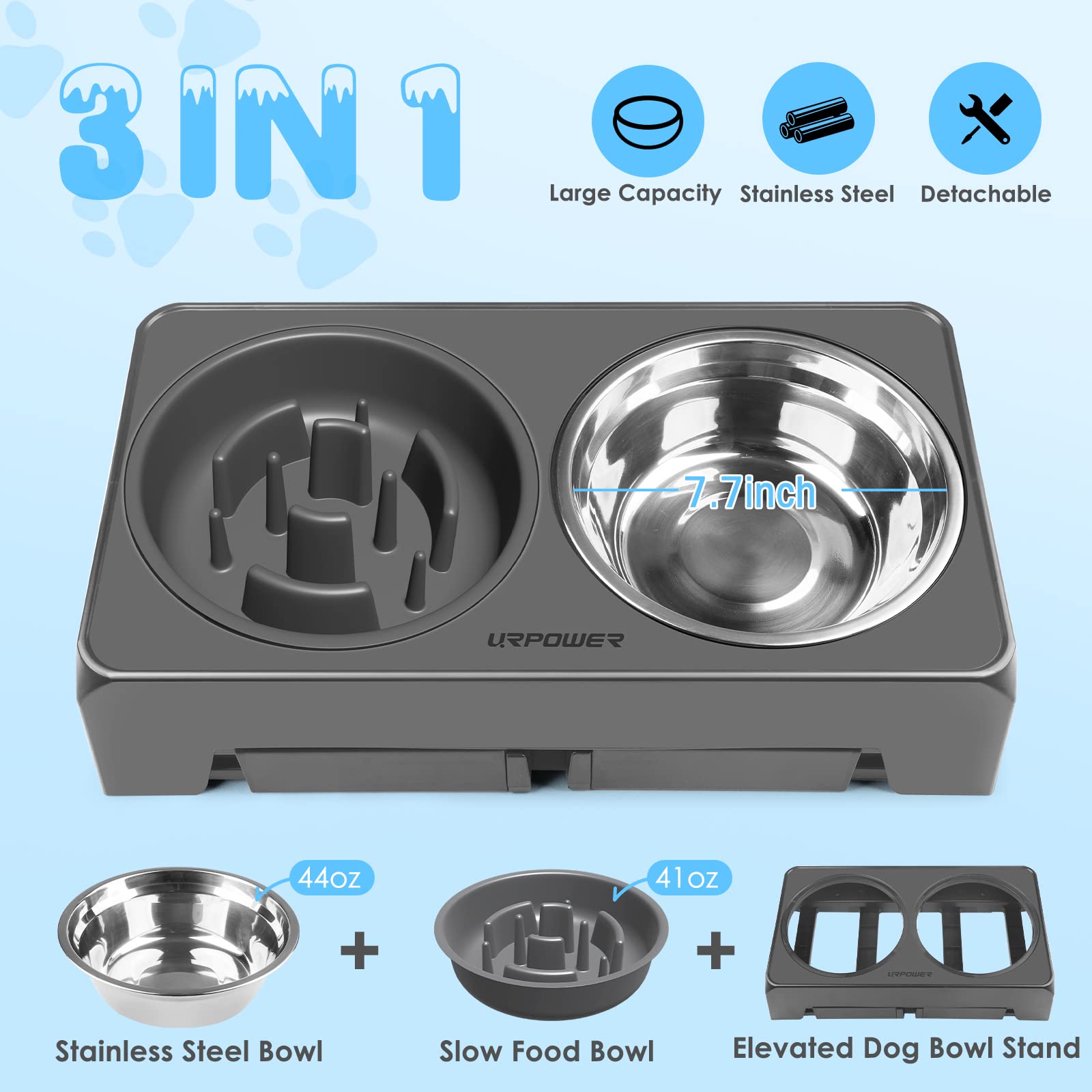 URPOWER Adjustable Raised Dog Bowls – 4 Heights with Stainless Steel Slow Feeder & Non-Slip Stand for Small to Large Dogs