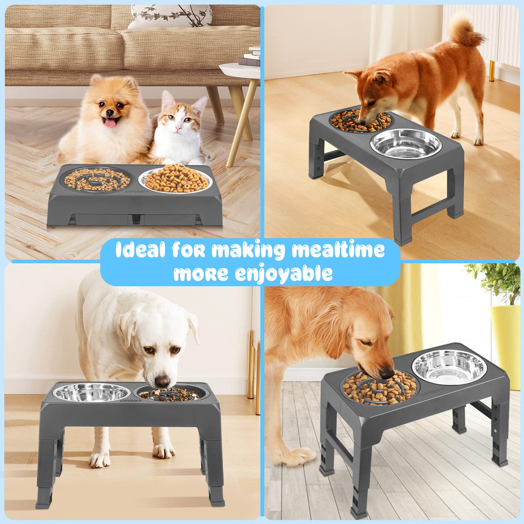 URPOWER Adjustable Raised Dog Bowls – 4 Heights with Stainless Steel Slow Feeder & Non-Slip Stand for Small to Large Dogs