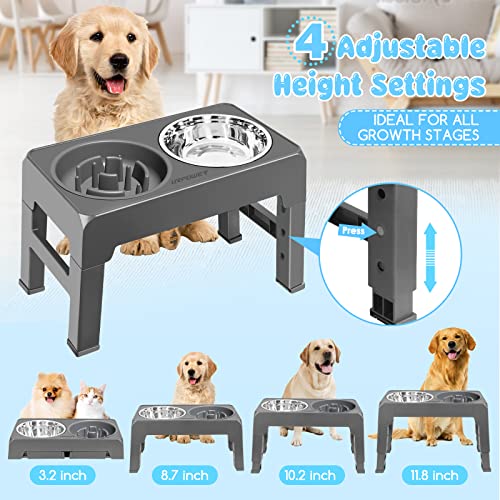 URPOWER Adjustable Raised Dog Bowls – 4 Heights with Stainless Steel Slow Feeder & Non-Slip Stand for Small to Large Dogs