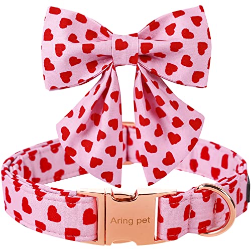 Valentine's Day Dog Collar with Bowtie – ARING PET Pink Heart, Cotton, Adjustable, Metal Buckle