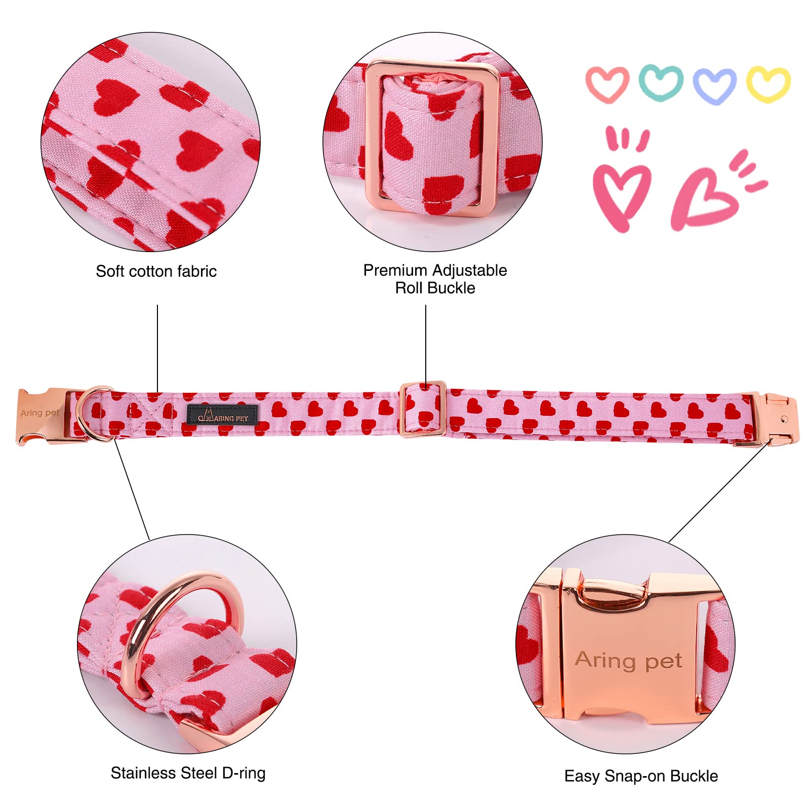 Valentine's Day Dog Collar with Bowtie – ARING PET Pink Heart, Cotton, Adjustable, Metal Buckle