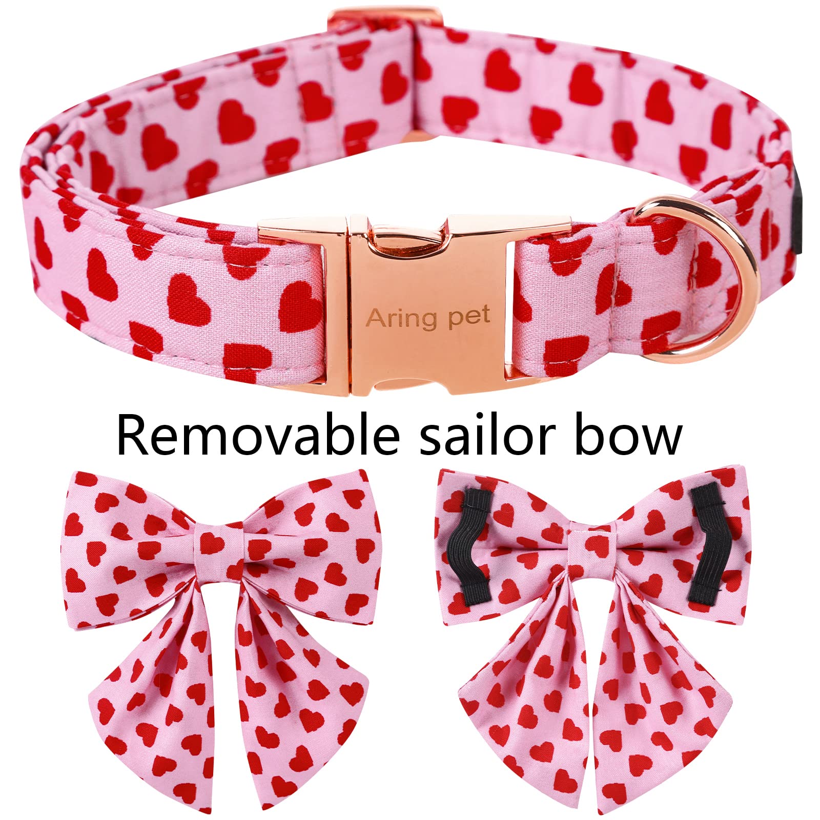 Valentine's Day Dog Collar with Bowtie – ARING PET Pink Heart, Cotton, Adjustable, Metal Buckle