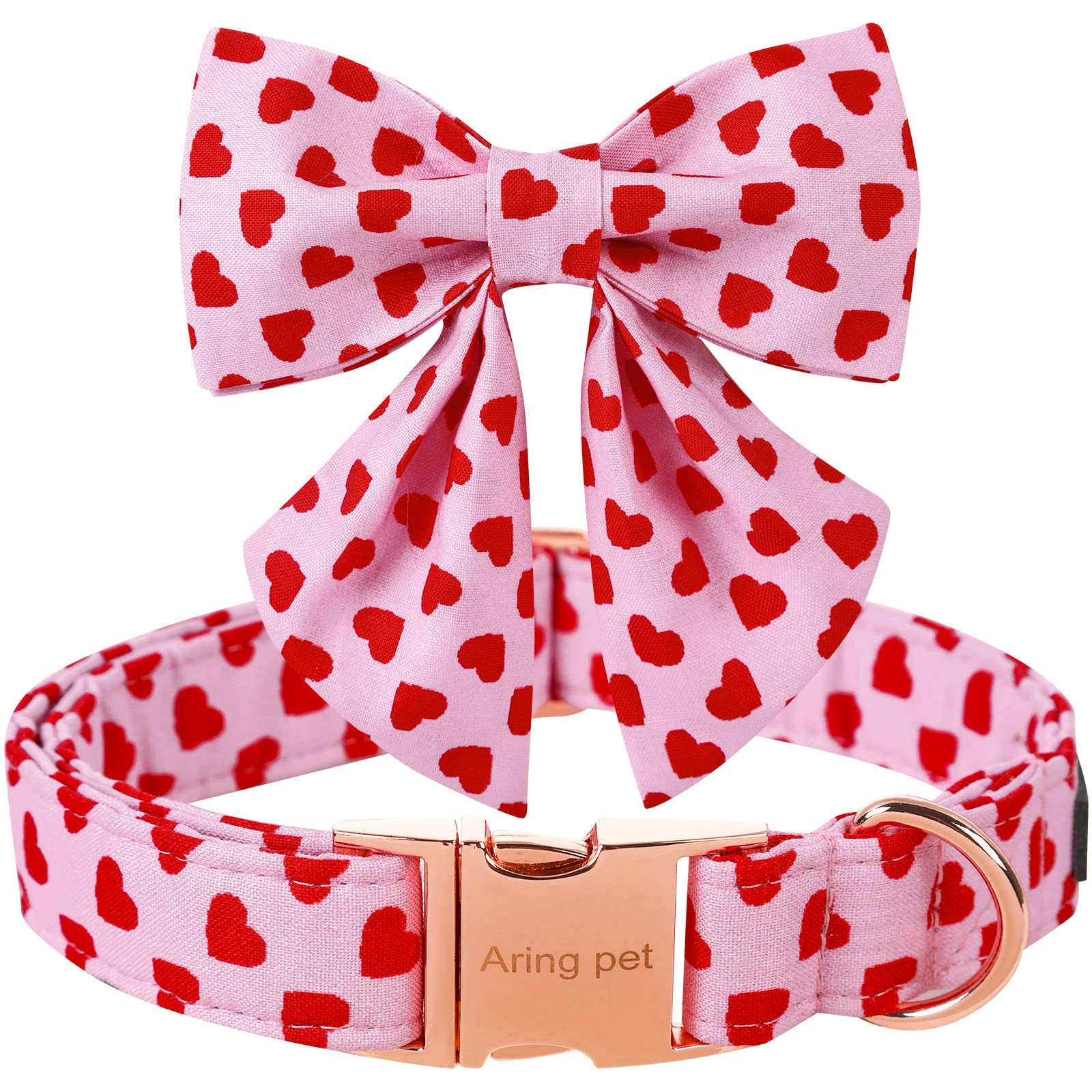 Valentine's Day Dog Collar with Bowtie – ARING PET Pink Heart, Cotton, Adjustable, Metal Buckle
