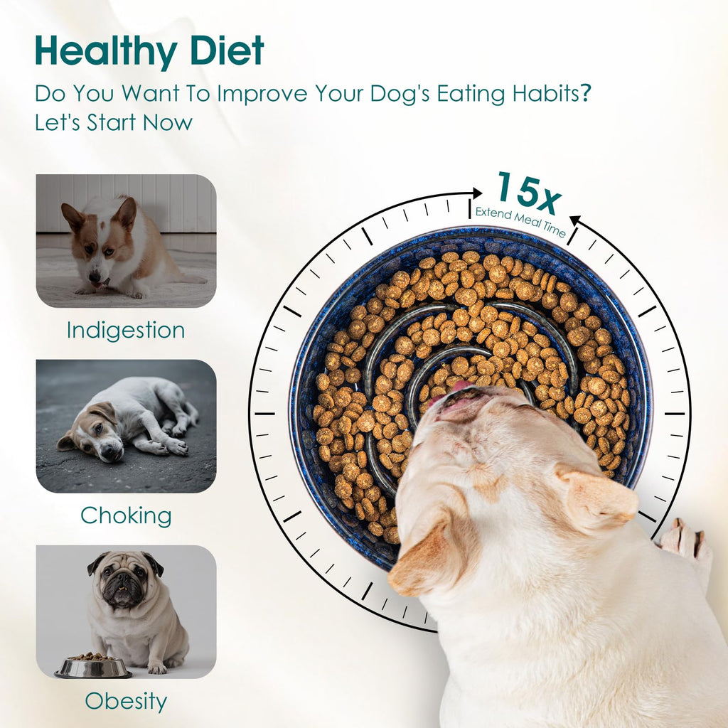 vancasso Ceramic Slow Feeder Dog Bowl - 0.6 Cup for Small Breeds | Blue | Anti-Slip