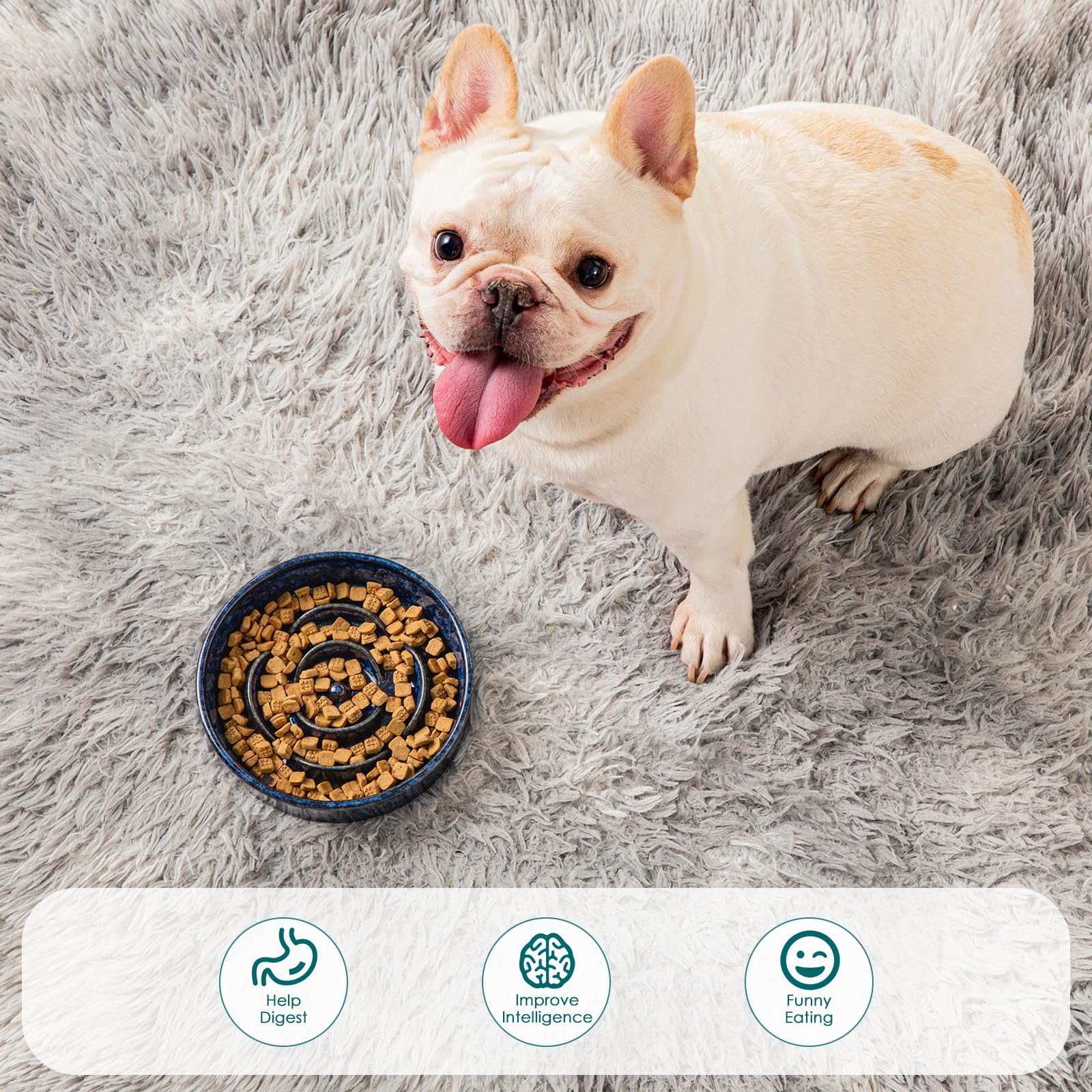 vancasso Ceramic Slow Feeder Dog Bowl - 0.6 Cup for Small Breeds | Blue | Anti-Slip