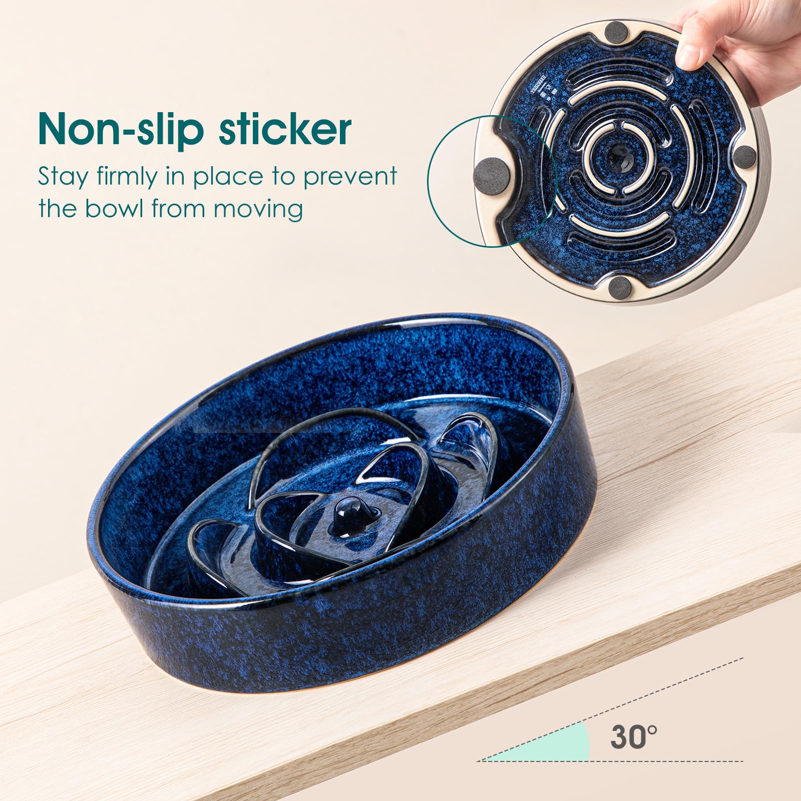 vancasso Ceramic Slow Feeder Dog Bowl - 0.6 Cup for Small Breeds | Blue | Anti-Slip