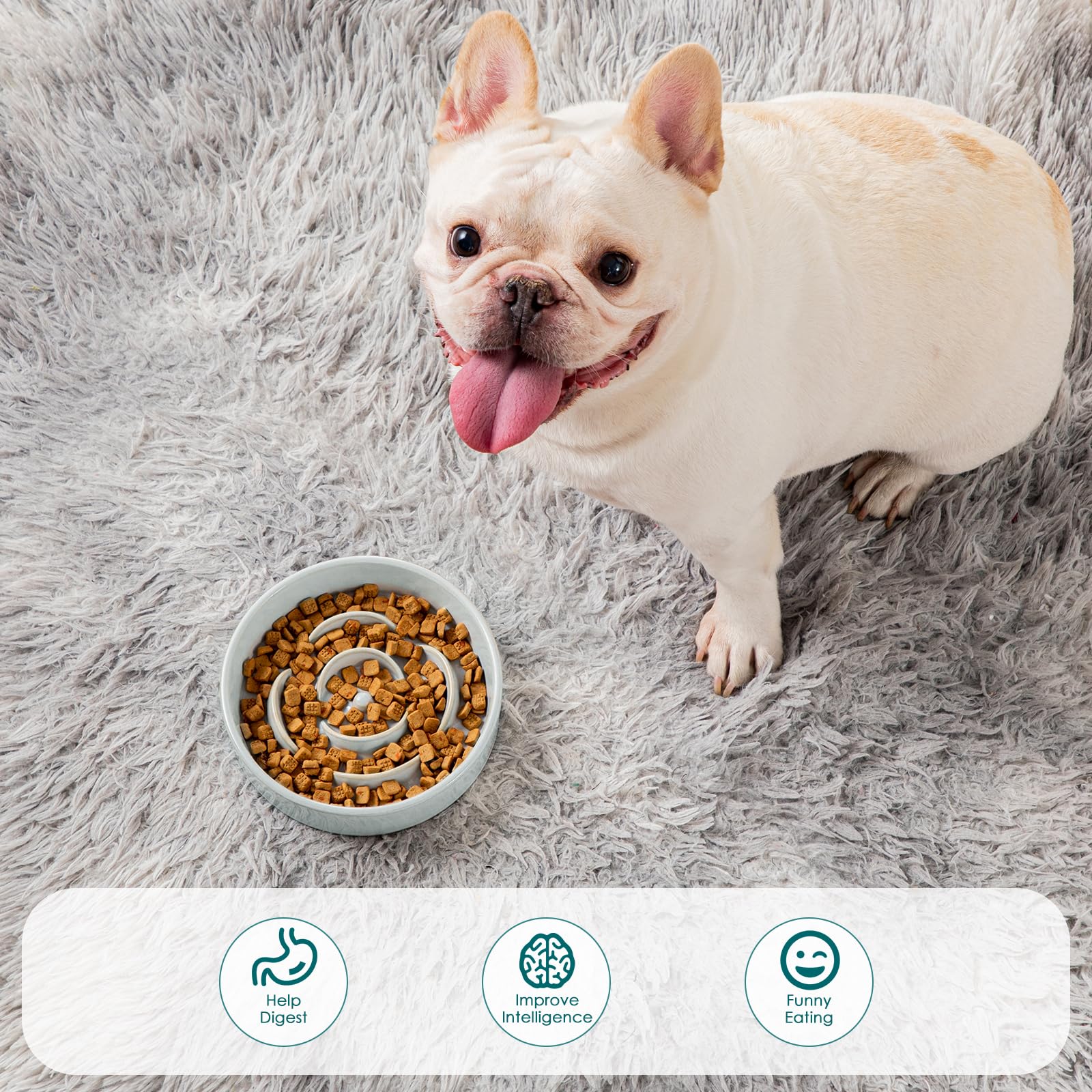 vancasso Ceramic Slow Feeder Dog Bowl – 0.6 Cup Maze Puzzle Bowl for Small Breeds, Grayish Cyan