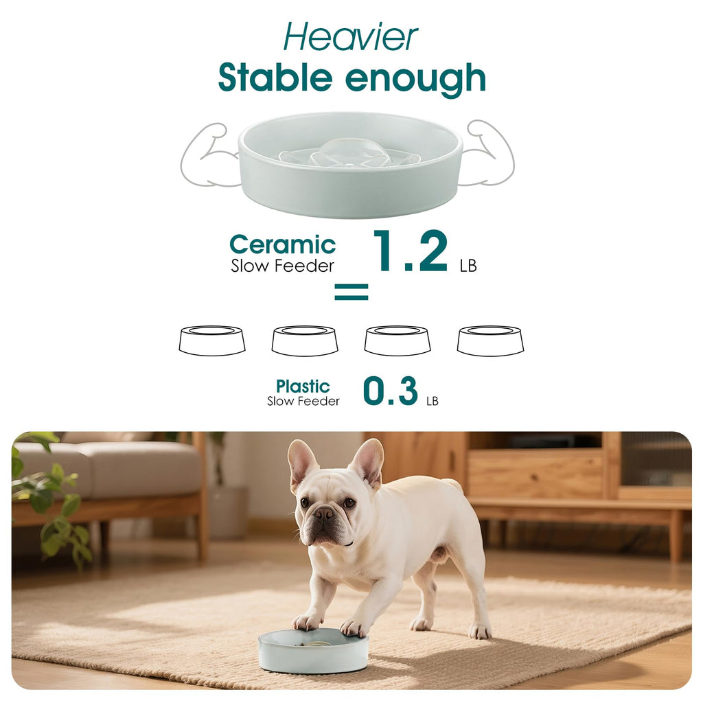 vancasso Ceramic Slow Feeder Dog Bowl – 0.6 Cup Maze Puzzle Bowl for Small Breeds, Grayish Cyan