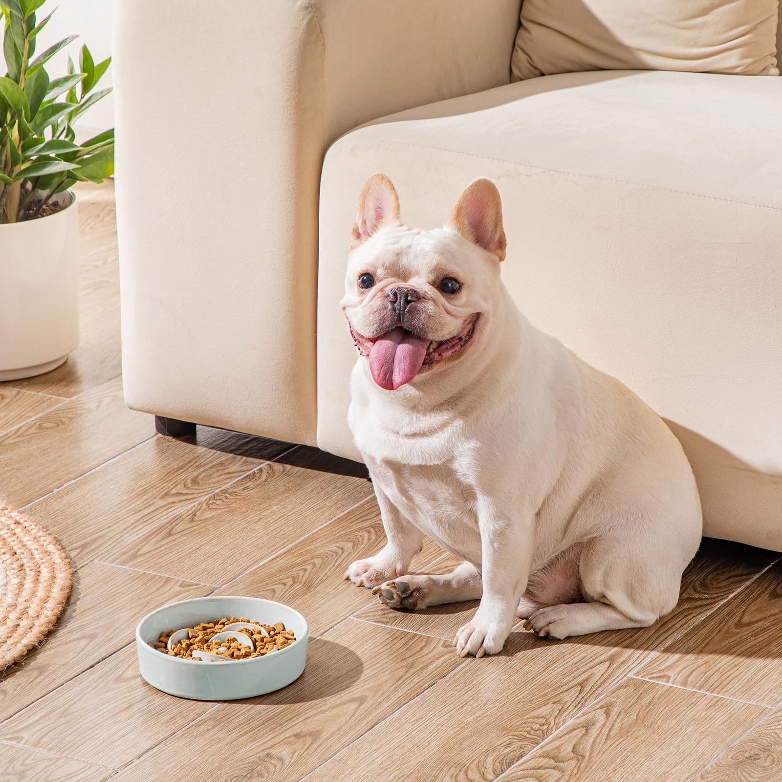 vancasso Ceramic Slow Feeder Dog Bowl – 0.6 Cup Maze Puzzle Bowl for Small Breeds, Grayish Cyan