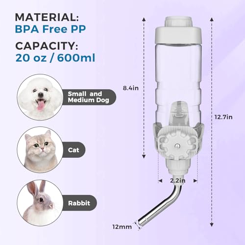 Vannon 20oz Dog Water Dispenser for Cages - BPA Free, Stainless Steel Nozzle, Grey