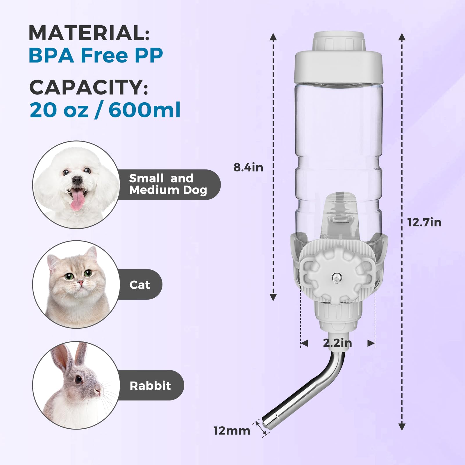 Vannon 20oz Dog Water Dispenser for Cages - BPA Free, Stainless Steel Nozzle, Grey