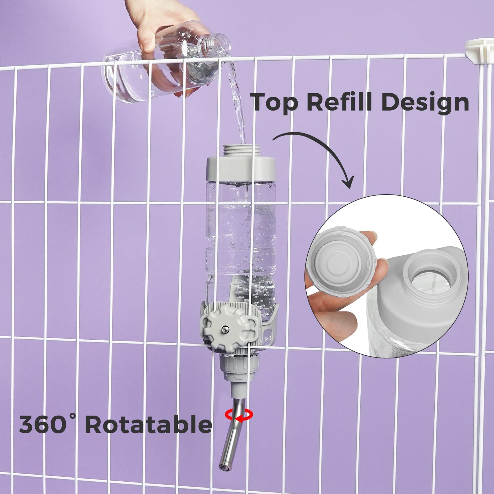 Vannon 20oz Dog Water Dispenser for Cages - BPA Free, Stainless Steel Nozzle, Grey