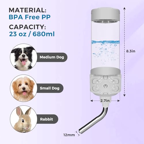 VANNON 23oz Top-Fill Crate Water Bottle for Dogs, Cats & Rabbits – BPA-Free One-Piece Nozzle, Grey