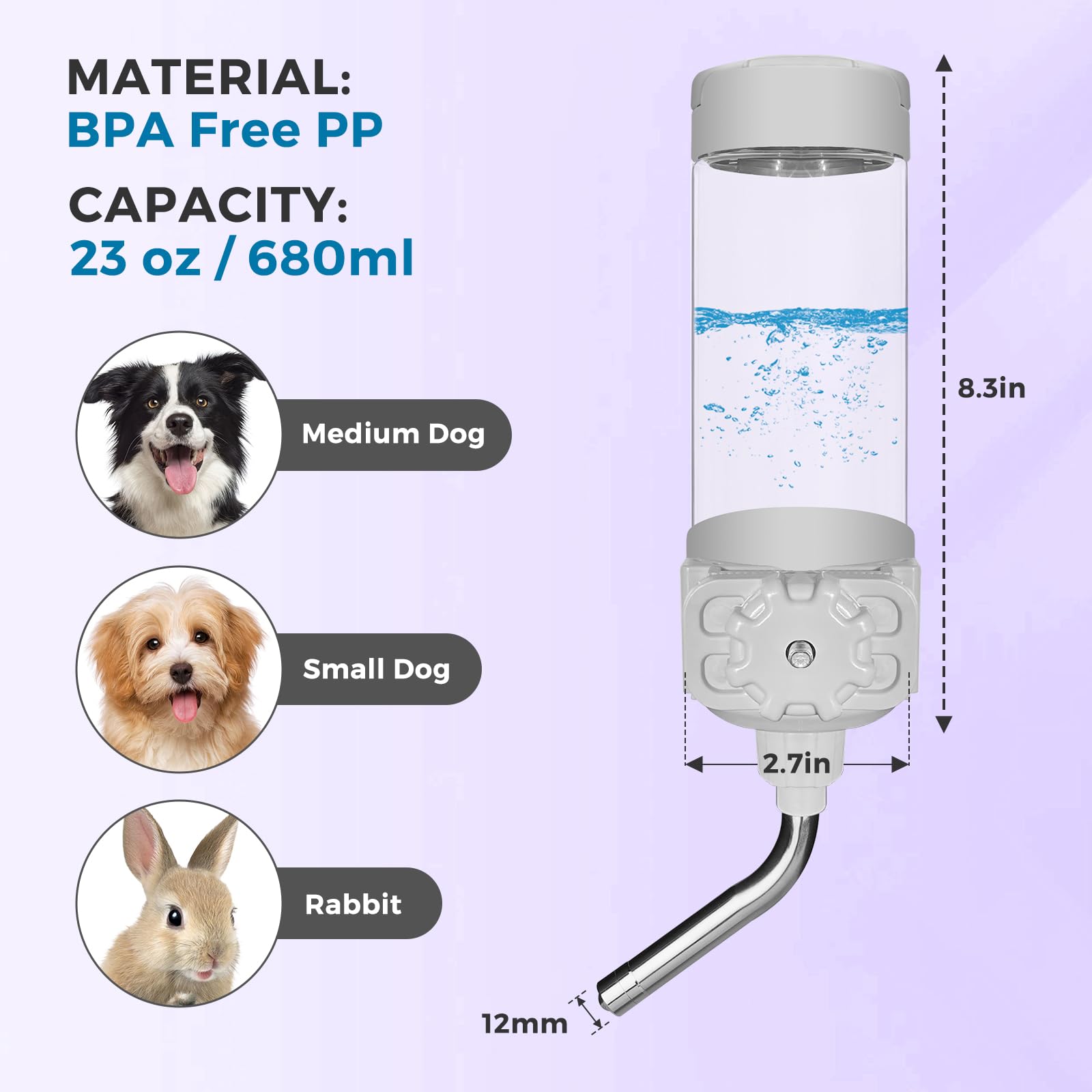 VANNON 23oz Top-Fill Crate Water Bottle for Dogs, Cats & Rabbits – BPA-Free One-Piece Nozzle, Grey