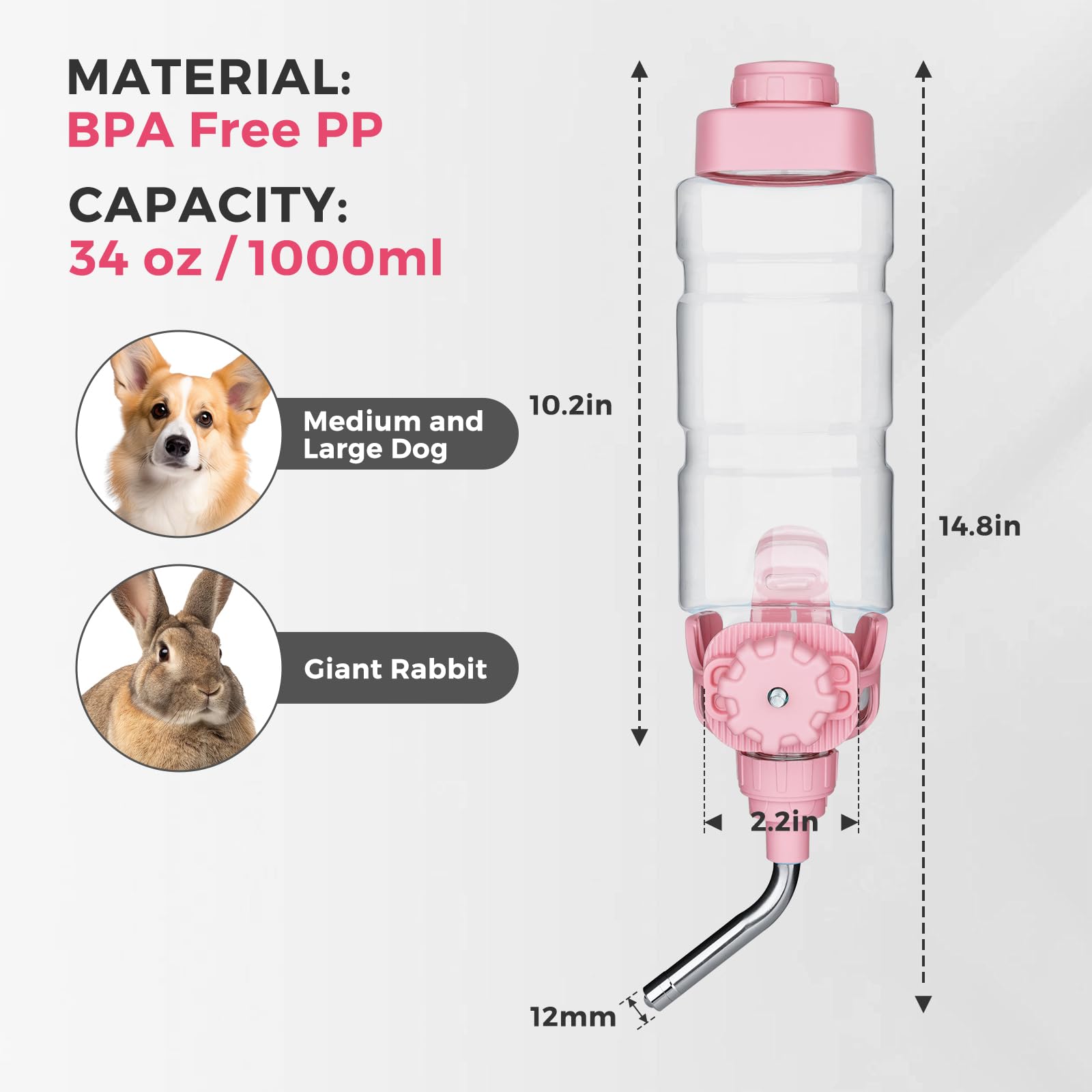 Vannon 34oz Pink Crate Water Bottle for Dogs, Cats & Rabbits - BPA Free, 12mm Nozzle