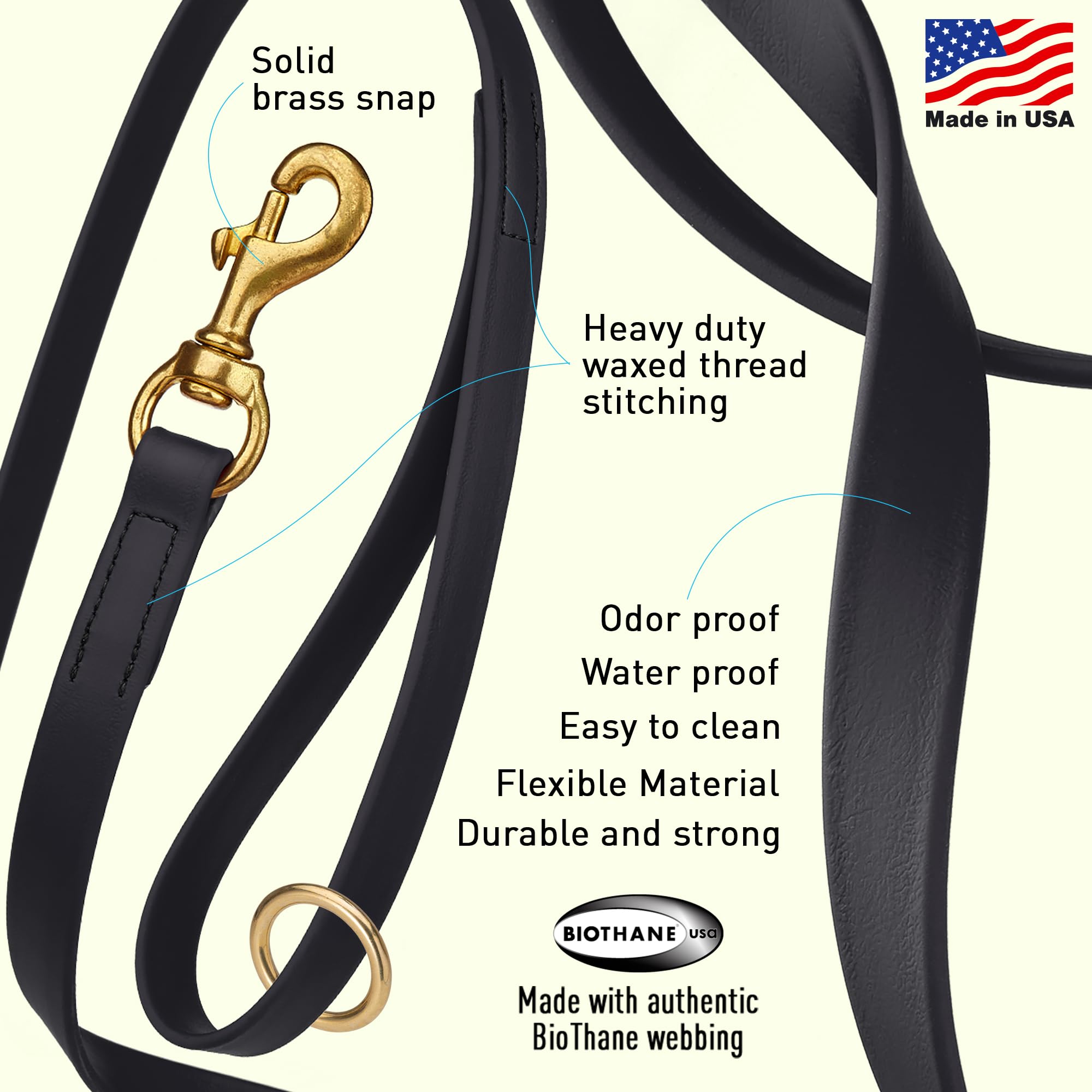 Viper Biothane Working Dog Lead 6ft Black – Waterproof, 750lb Breaking Strength