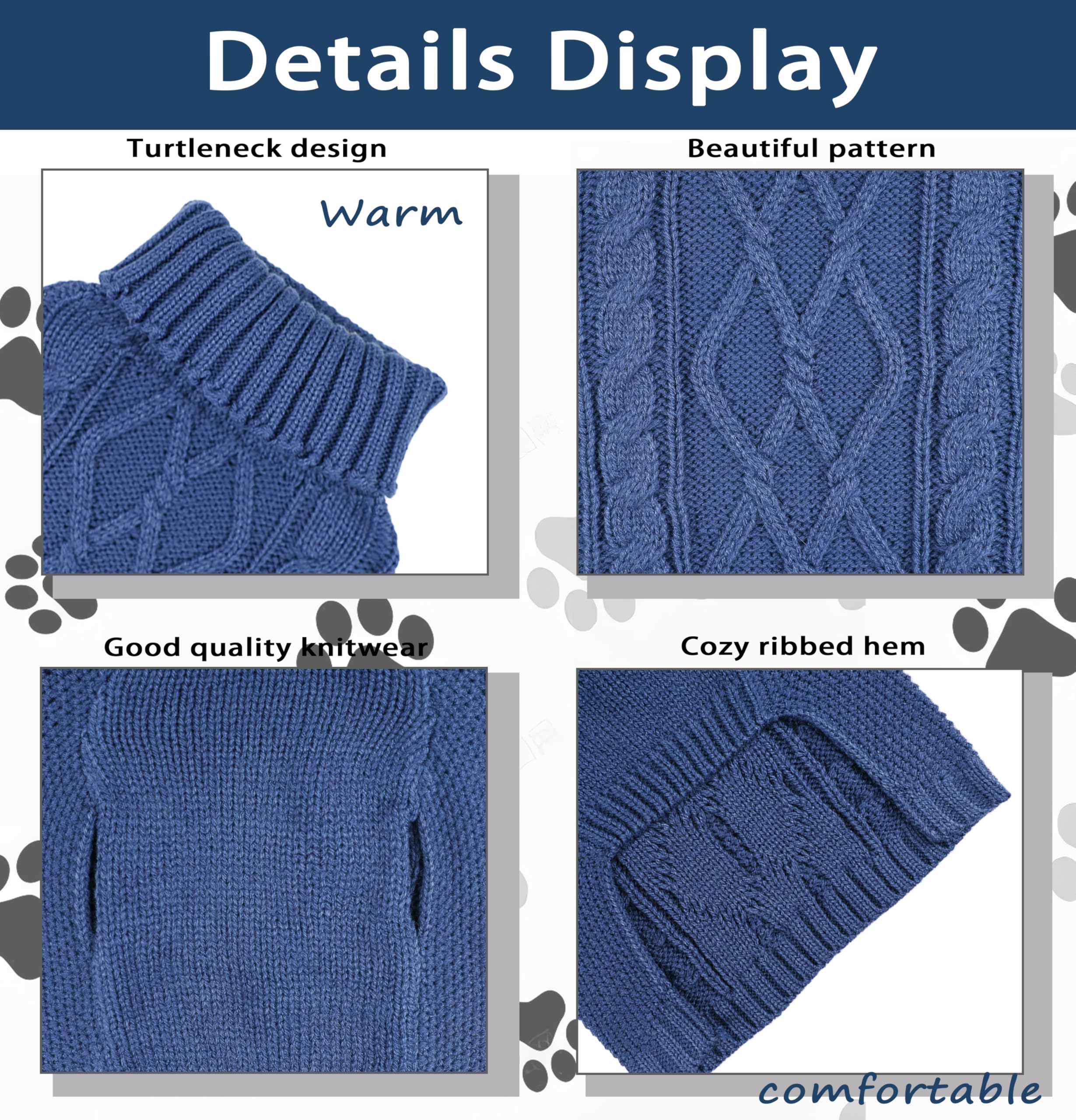 viunimo Blue Turtleneck Dog Sweater - Large for Small Breeds (Bust 18.11")