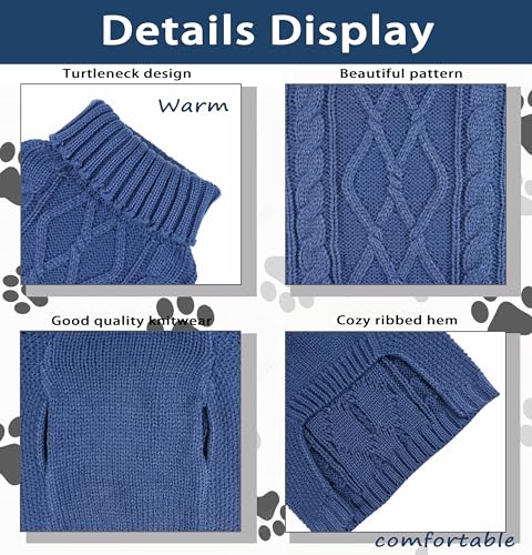 viunimo Blue Turtleneck Dog Sweater - Large for Small Breeds (Bust 18.11")