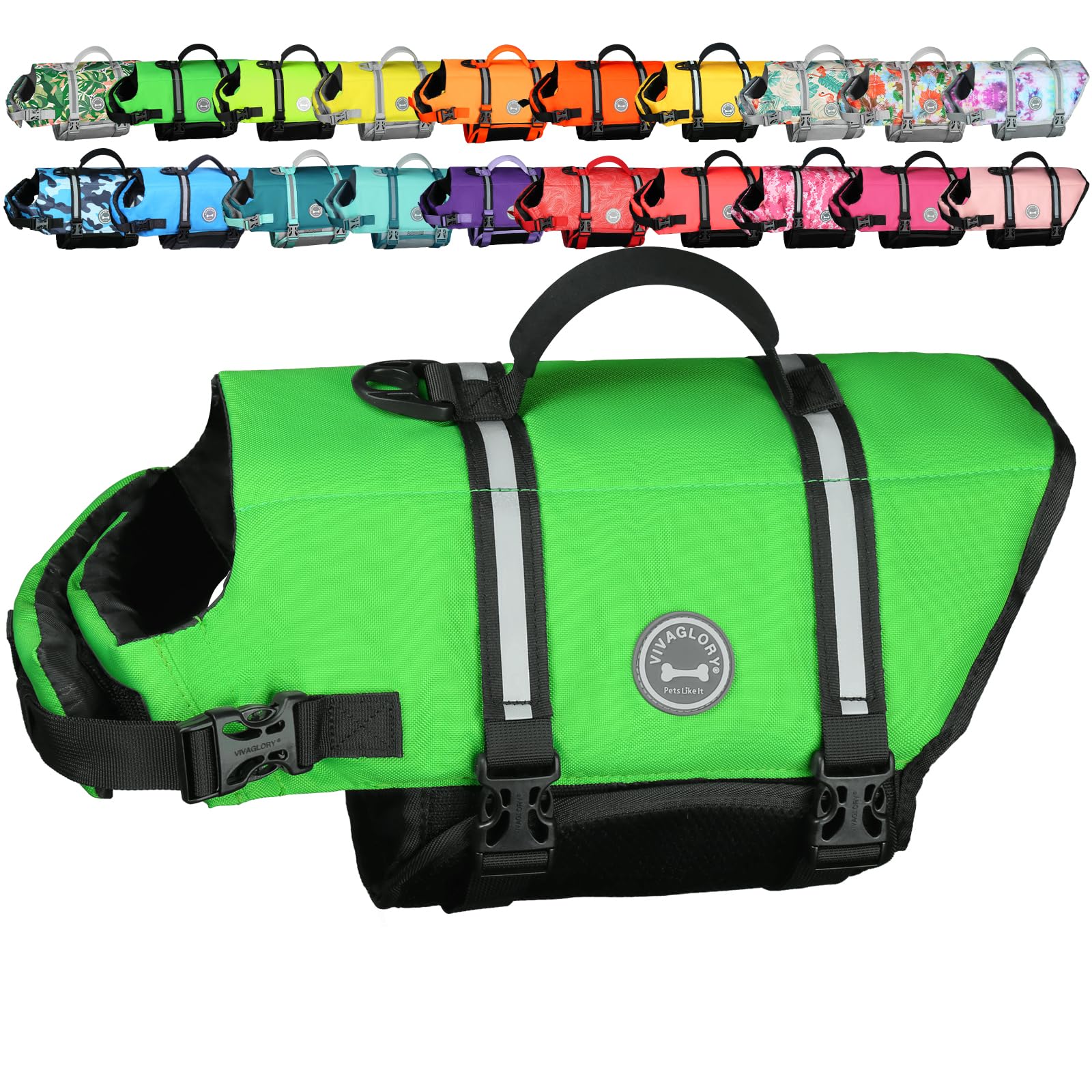 VIVAGLORY Rip Stop Dog Life Vest XS Bright Green - Buoyancy Swimming Vest for Small Dogs with Handle and Reflective Trim