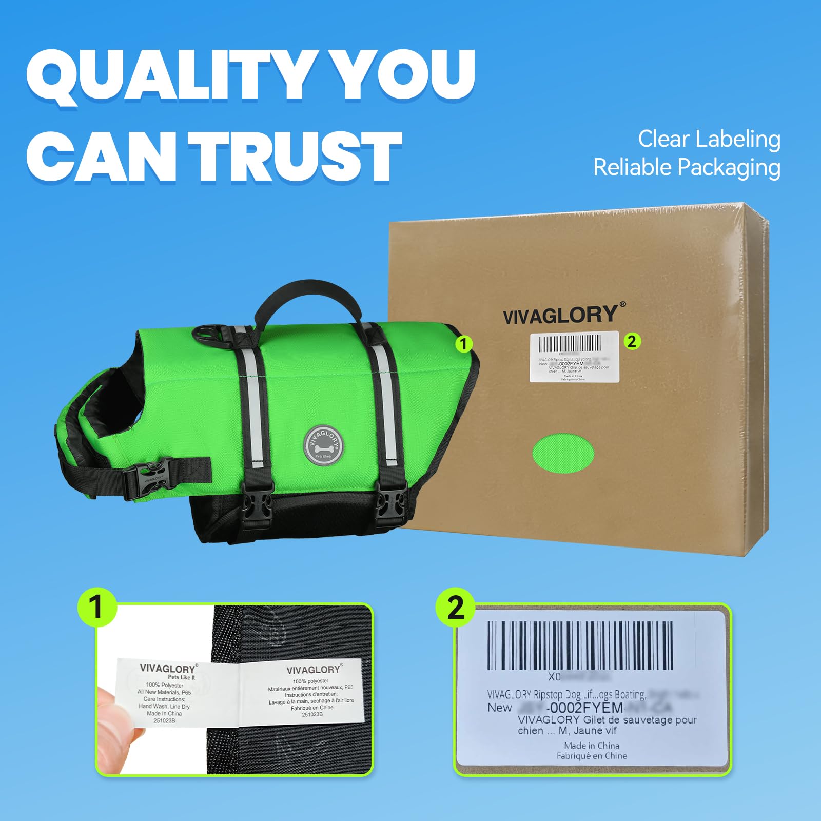 VIVAGLORY Rip Stop Dog Life Vest XS Bright Green - Buoyancy Swimming Vest for Small Dogs with Handle and Reflective Trim