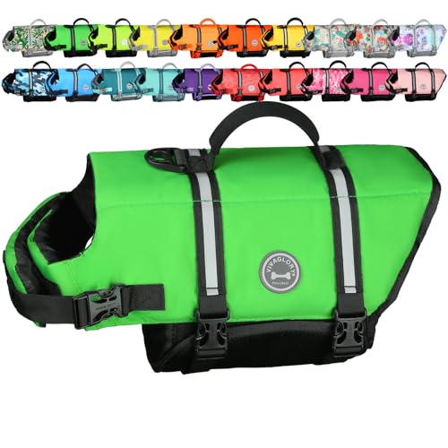 VIVAGLORY Rip Stop Dog Life Vest XS Bright Green - Buoyancy Swimming Vest for Small Dogs with Handle and Reflective Trim