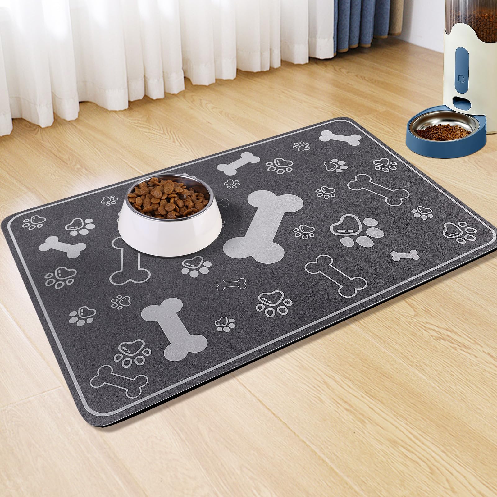 Voanos Pet Feeding Mat 16x24 - Absorbent Diatom Mud Leather Placemat with Paw Print, Non-Slip Rubber Backing for Dogs and Cats, Dark Grey