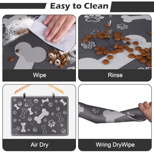 Voanos Pet Feeding Mat 16x24 - Absorbent Diatom Mud Leather Placemat with Paw Print, Non-Slip Rubber Backing for Dogs and Cats, Dark Grey