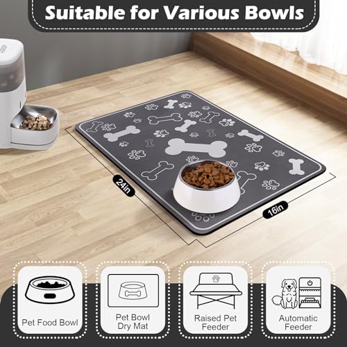Voanos Pet Feeding Mat 16x24 - Absorbent Diatom Mud Leather Placemat with Paw Print, Non-Slip Rubber Backing for Dogs and Cats, Dark Grey