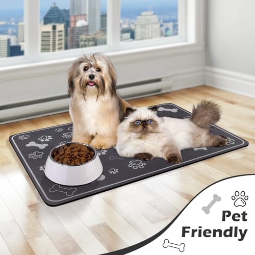 Voanos Pet Feeding Mat 16x24 - Absorbent Diatom Mud Leather Placemat with Paw Print, Non-Slip Rubber Backing for Dogs and Cats, Dark Grey