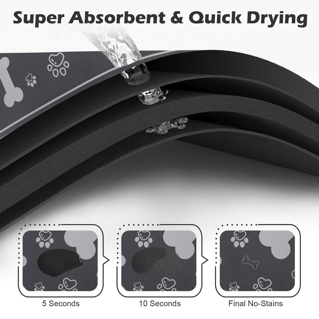 Voanos Pet Feeding Mat 16x24 - Absorbent Diatom Mud Leather Placemat with Paw Print, Non-Slip Rubber Backing for Dogs and Cats, Dark Grey