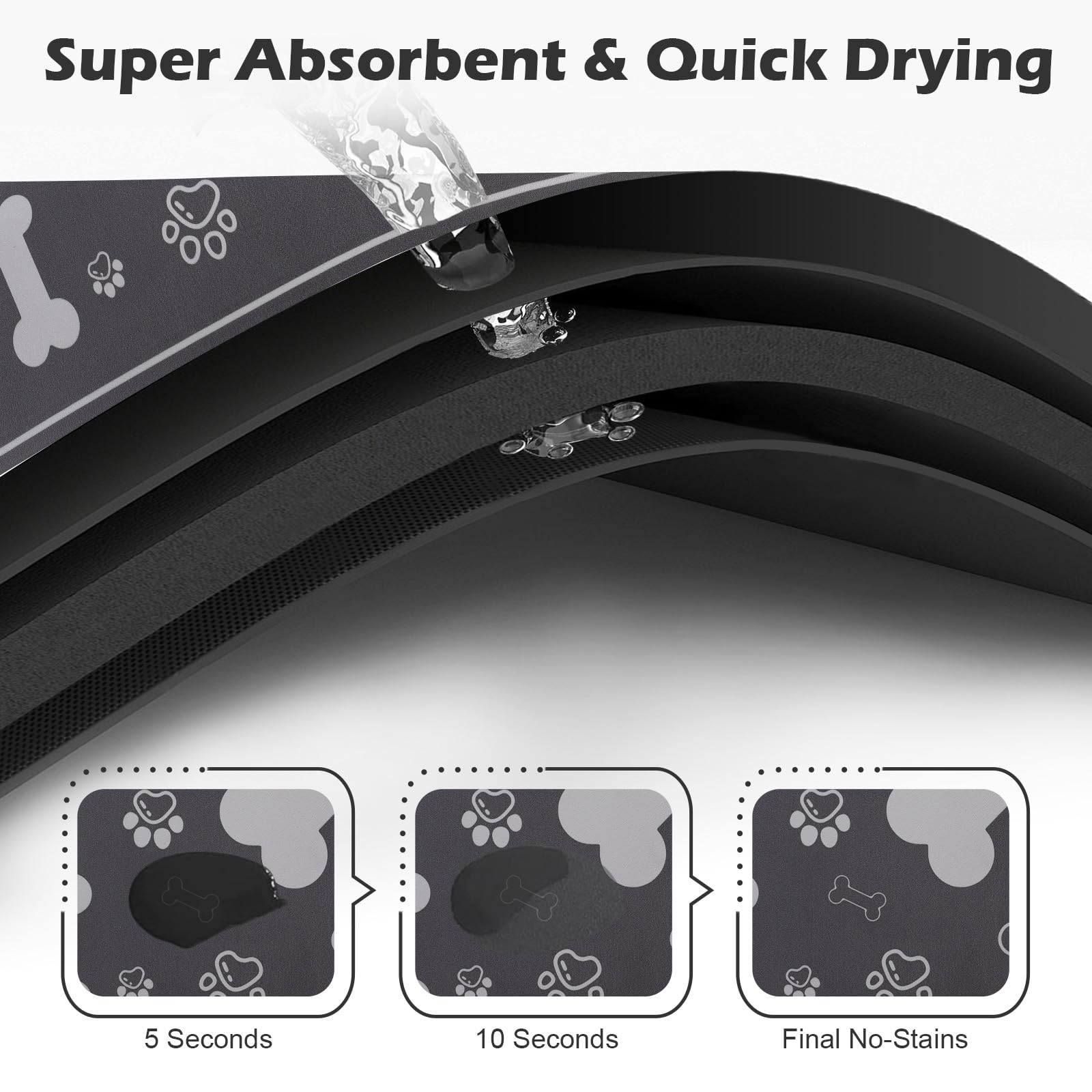 Voanos Pet Feeding Mat 16x24 - Absorbent Diatom Mud Leather Placemat with Paw Print, Non-Slip Rubber Backing for Dogs and Cats, Dark Grey