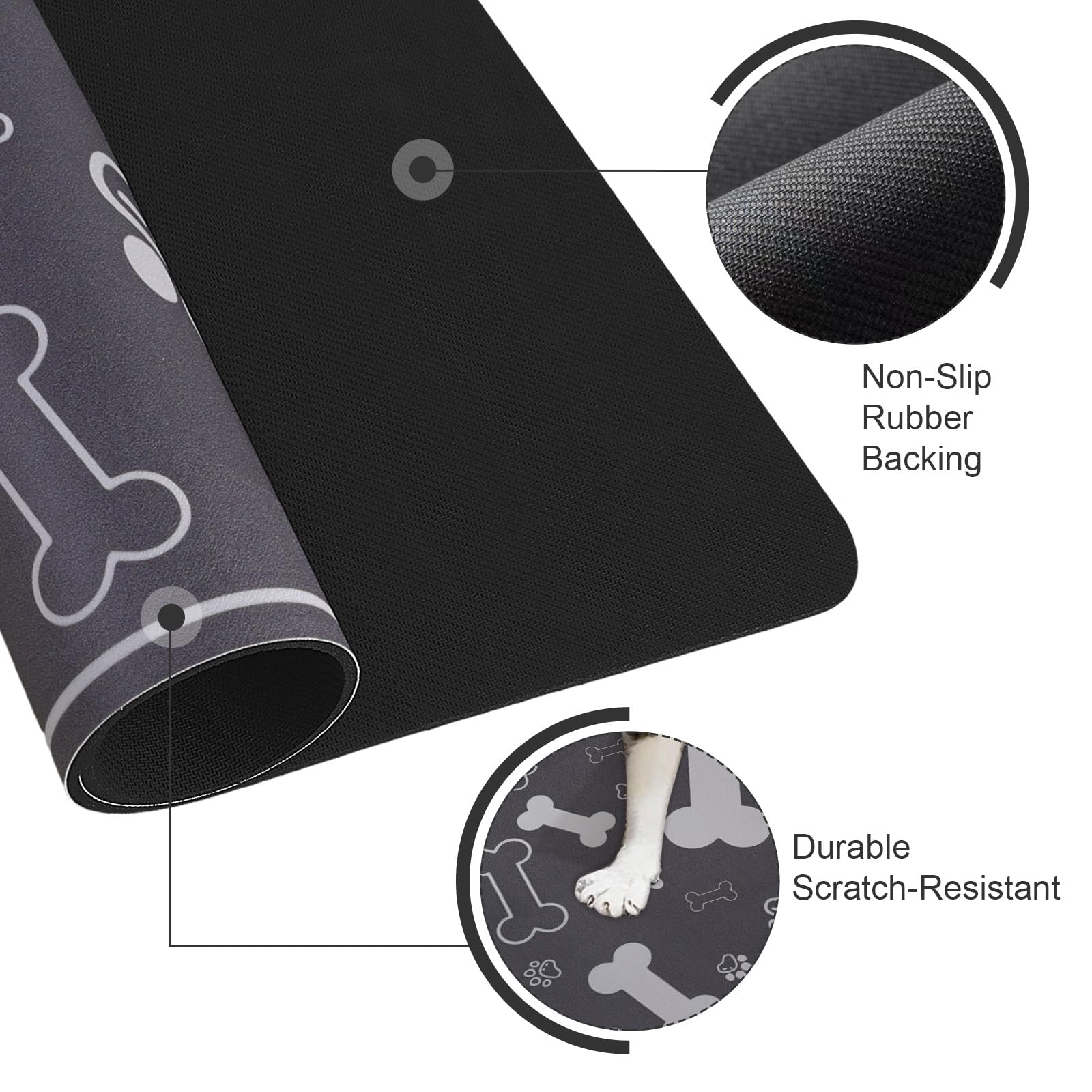 Voanos Pet Feeding Mat 16x24 - Absorbent Diatom Mud Leather Placemat with Paw Print, Non-Slip Rubber Backing for Dogs and Cats, Dark Grey