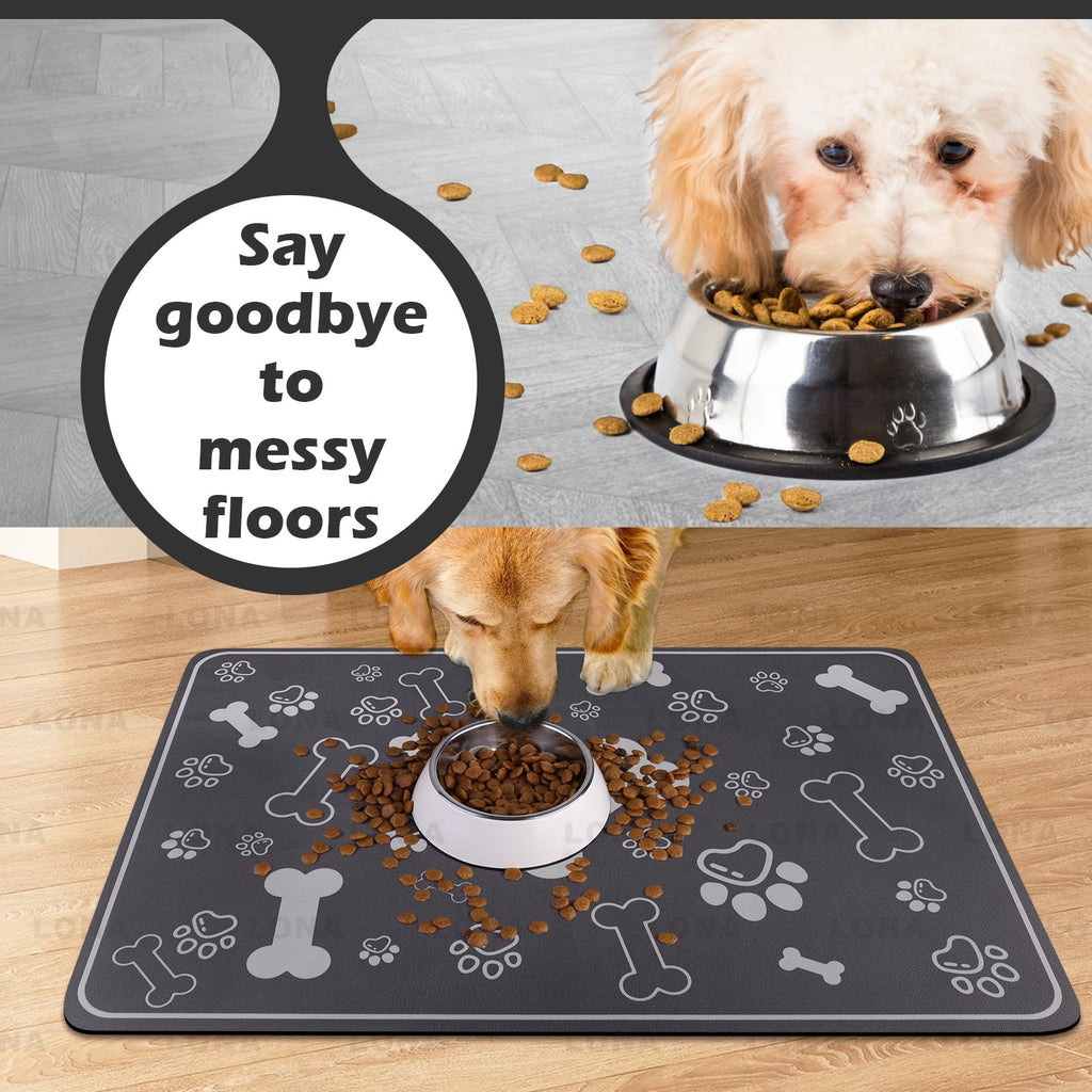 Voanos Pet Feeding Mat 16x24 - Absorbent Diatom Mud Leather Placemat with Paw Print, Non-Slip Rubber Backing for Dogs and Cats, Dark Grey