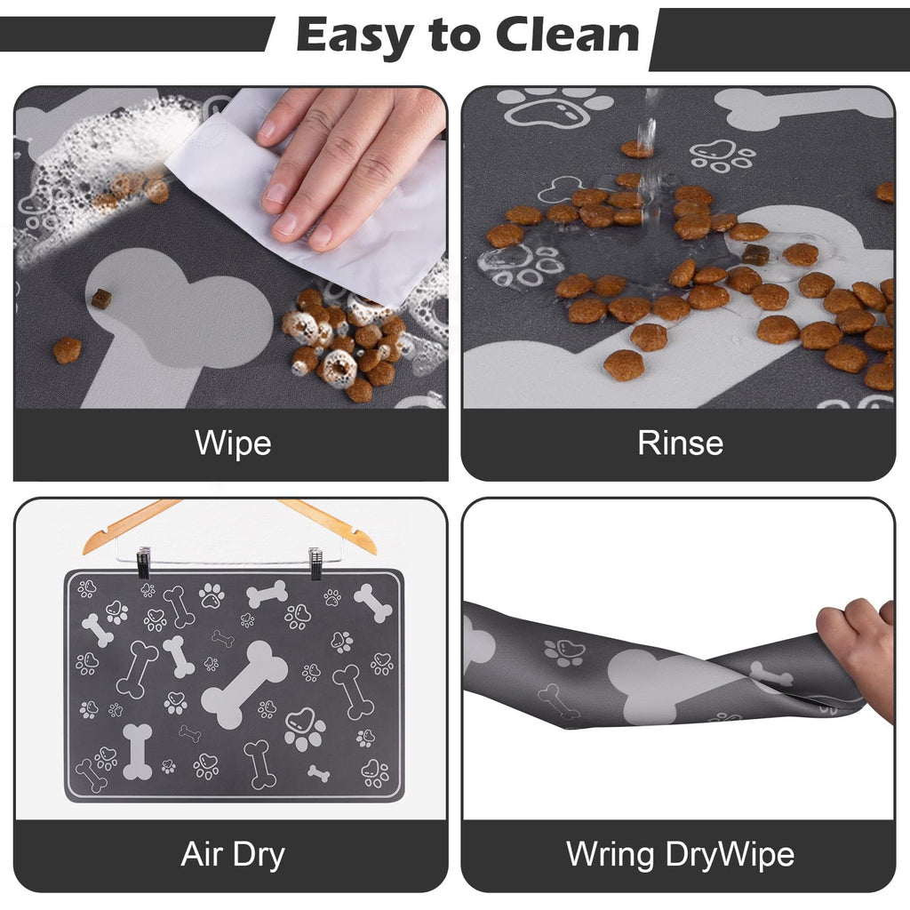 Voanos Pet Feeding Mat 16x24 - Absorbent Diatom Mud Leather Placemat with Paw Print, Non-Slip Rubber Backing for Dogs and Cats, Dark Grey