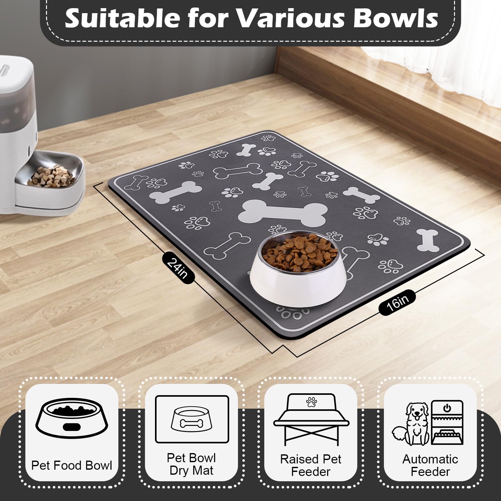 Voanos Pet Feeding Mat 16x24 - Absorbent Diatom Mud Leather Placemat with Paw Print, Non-Slip Rubber Backing for Dogs and Cats, Dark Grey