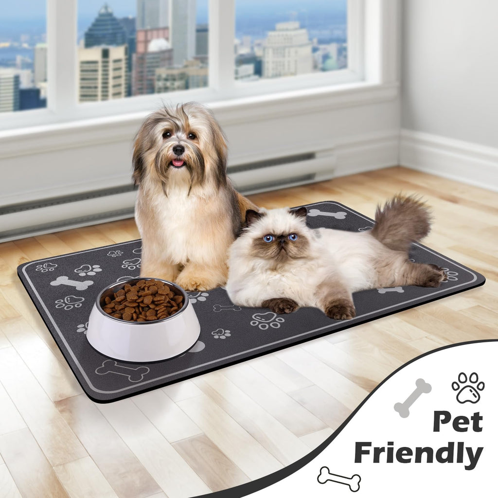 Voanos Pet Feeding Mat 16x24 - Absorbent Diatom Mud Leather Placemat with Paw Print, Non-Slip Rubber Backing for Dogs and Cats, Dark Grey