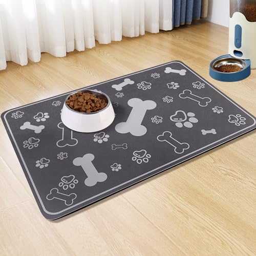 Voanos Pet Feeding Mat 16x24 - Absorbent Diatom Mud Leather Placemat with Paw Print, Non-Slip Rubber Backing for Dogs and Cats, Dark Grey