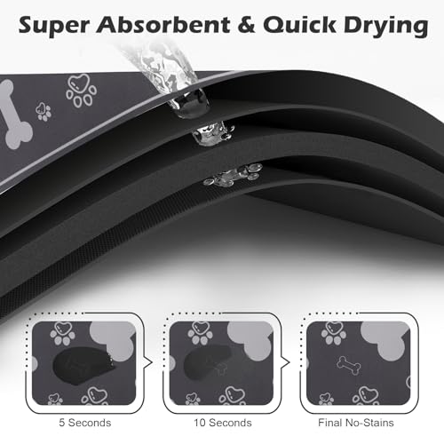 Voanos Pet Feeding Mat 16x24 - Absorbent Diatom Mud Leather Placemat with Paw Print, Non-Slip Rubber Backing for Dogs and Cats, Dark Grey