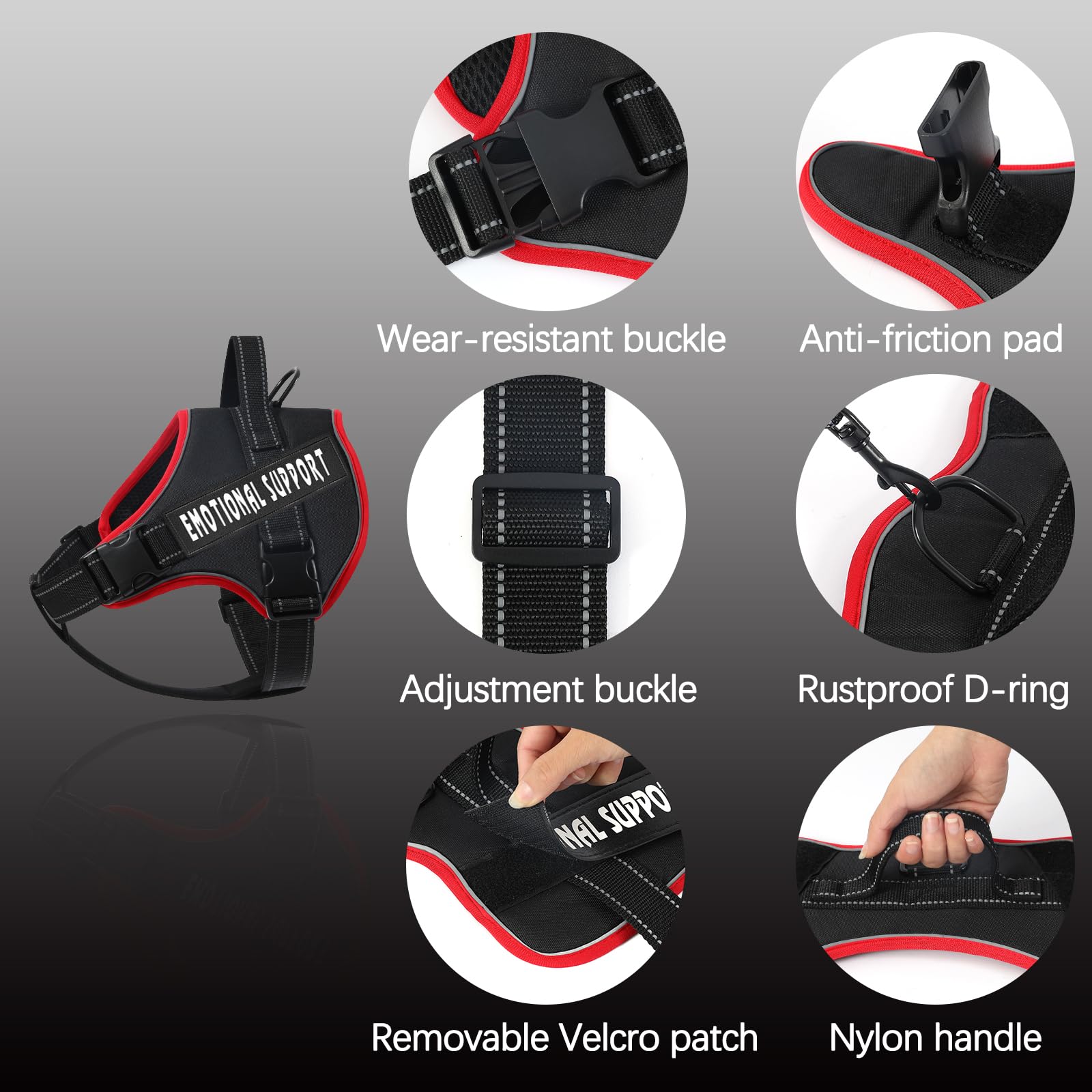 VOOPET Emotional Support Dog Harness, No-Pull Reflective Vest for Small Dogs (Red/Black, 14.3-33 lbs)