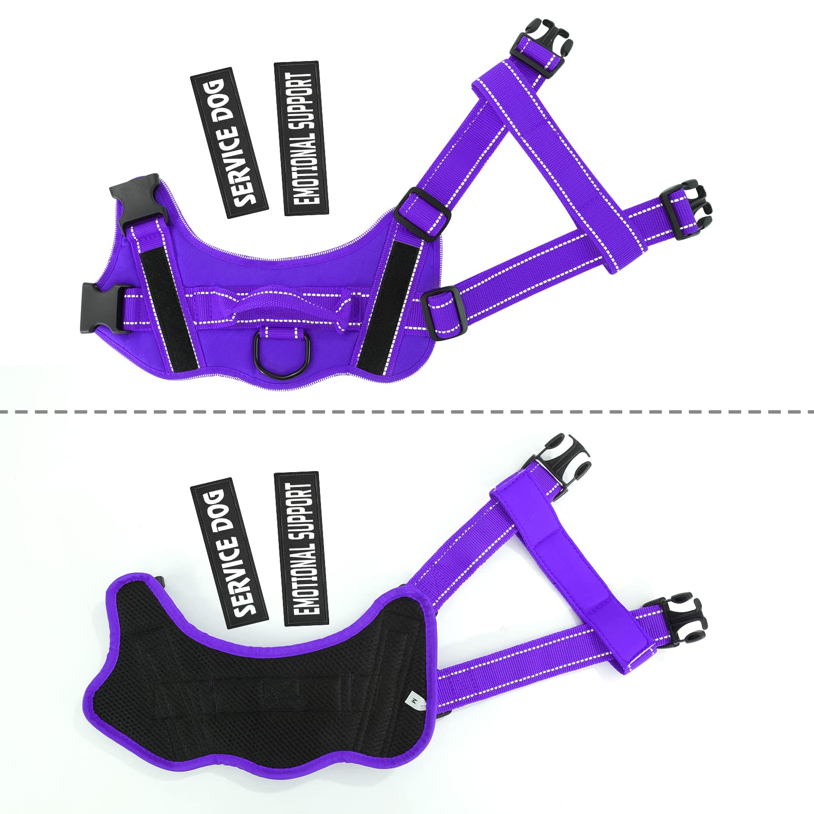 VOOPET Small Purple Service Dog Harness – No-Pull, Reflective, Adjustable with 4 Removable Patches