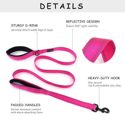 Wagtime Club Double Handle Dog Leash - 6ft Heavy Duty with Padded Traffic Handles for Extra Control - Reflective Lively Pink